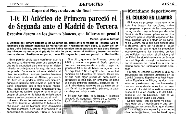Crónica del ABC del Atlético-Real Madrid aficionados, Copa del Rey 1986-1987
