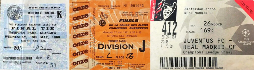 Entradas de las finales europeas de Glasgow (1960), París (1981) y Amsterdam (1998).